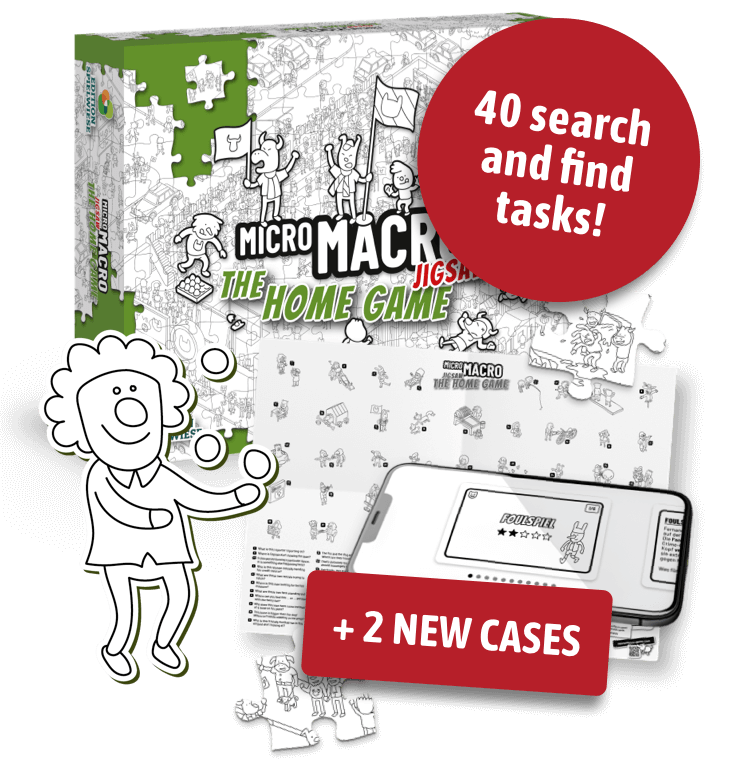 Aufgestellte Puzzlebox, davor ist ein Blatt aufgefalltet auf dem Figuren mit Nummern zusehen sind.